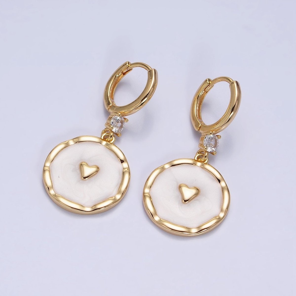 White, Blue, Pink Sparkly Enamel Heart Round CZ Drop Gold Huggie Earrings | AD794 - AD796 - DLUXCA
