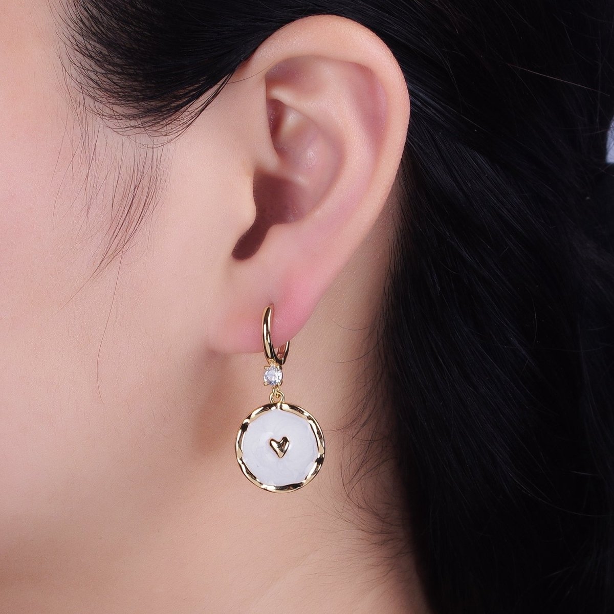 White, Blue, Pink Sparkly Enamel Heart Round CZ Drop Gold Huggie Earrings | AD794 - AD796 - DLUXCA