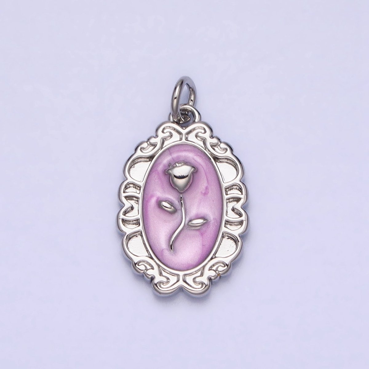 White, Blue, Pink Sparkly Enamel Rose Flower Oval Charm in Gold & Silver | AC649 - AC654 - DLUXCA