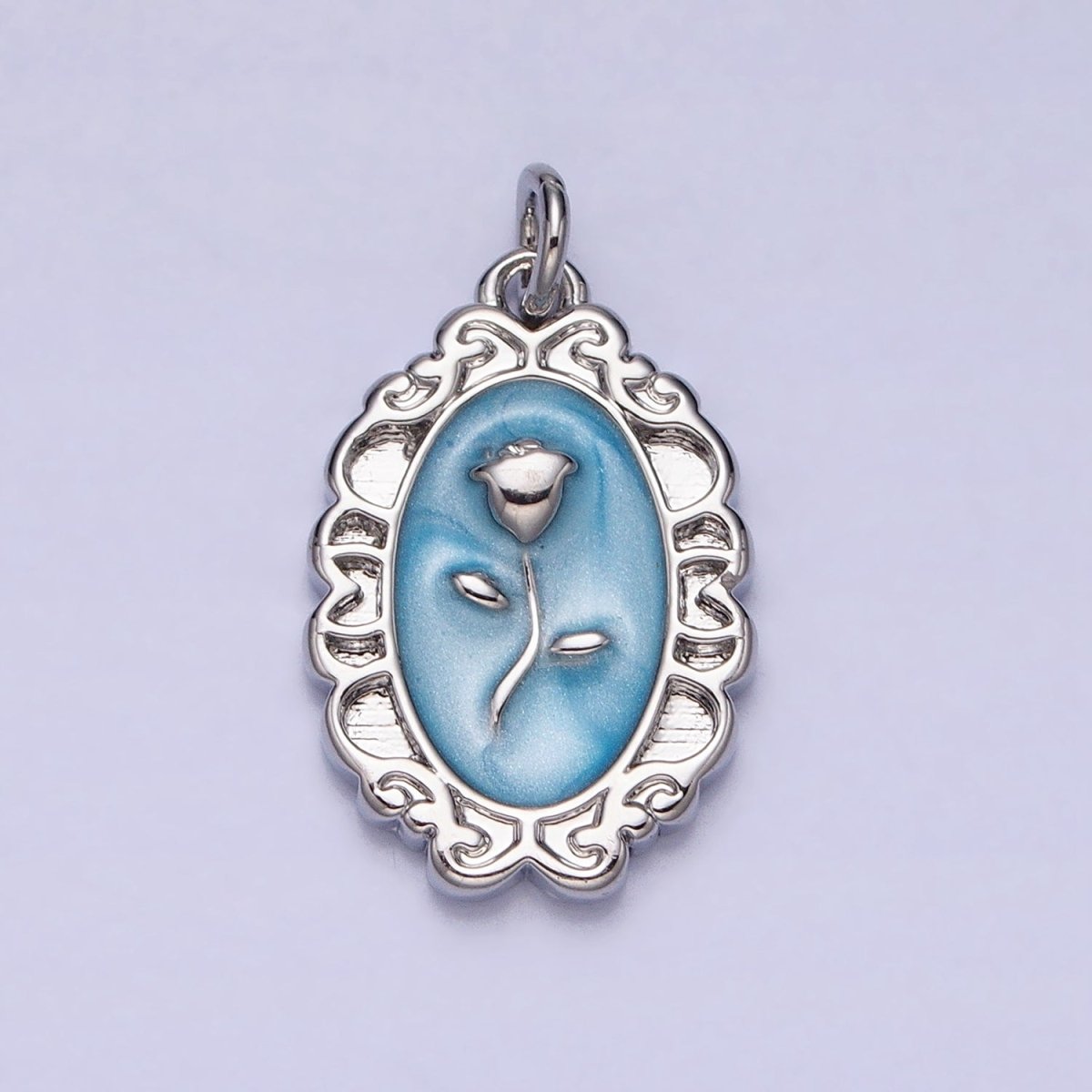 White, Blue, Pink Sparkly Enamel Rose Flower Oval Charm in Gold & Silver | AC649 - AC654 - DLUXCA