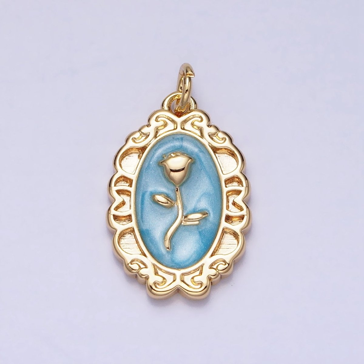 White, Blue, Pink Sparkly Enamel Rose Flower Oval Charm in Gold & Silver | AC649 - AC654 - DLUXCA
