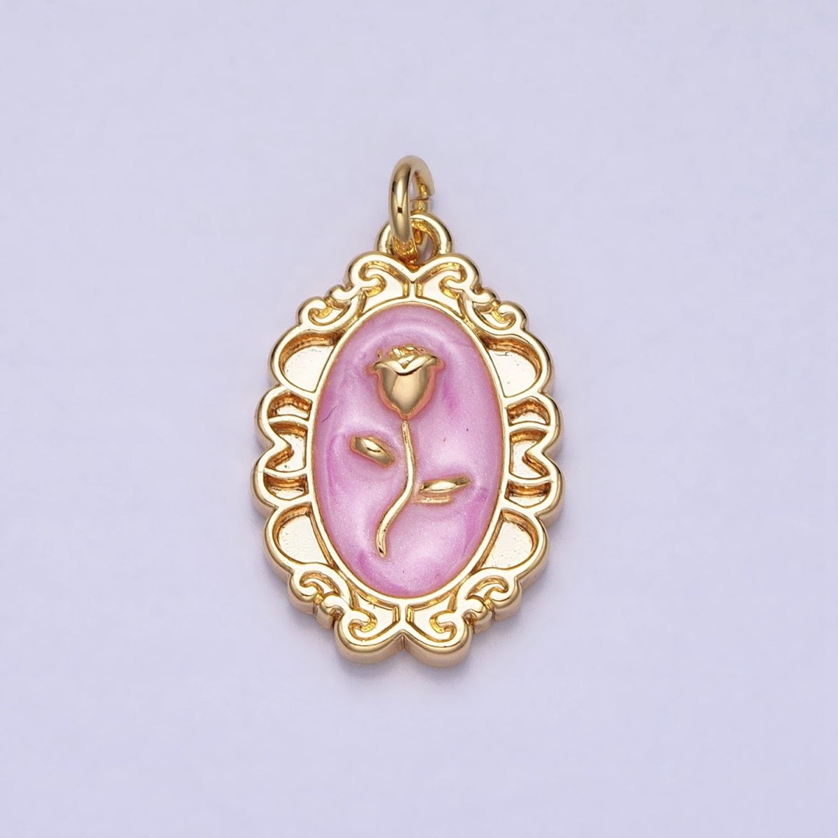 White, Blue, Pink Sparkly Enamel Rose Flower Oval Charm in Gold & Silver | AC649 - AC654 - DLUXCA
