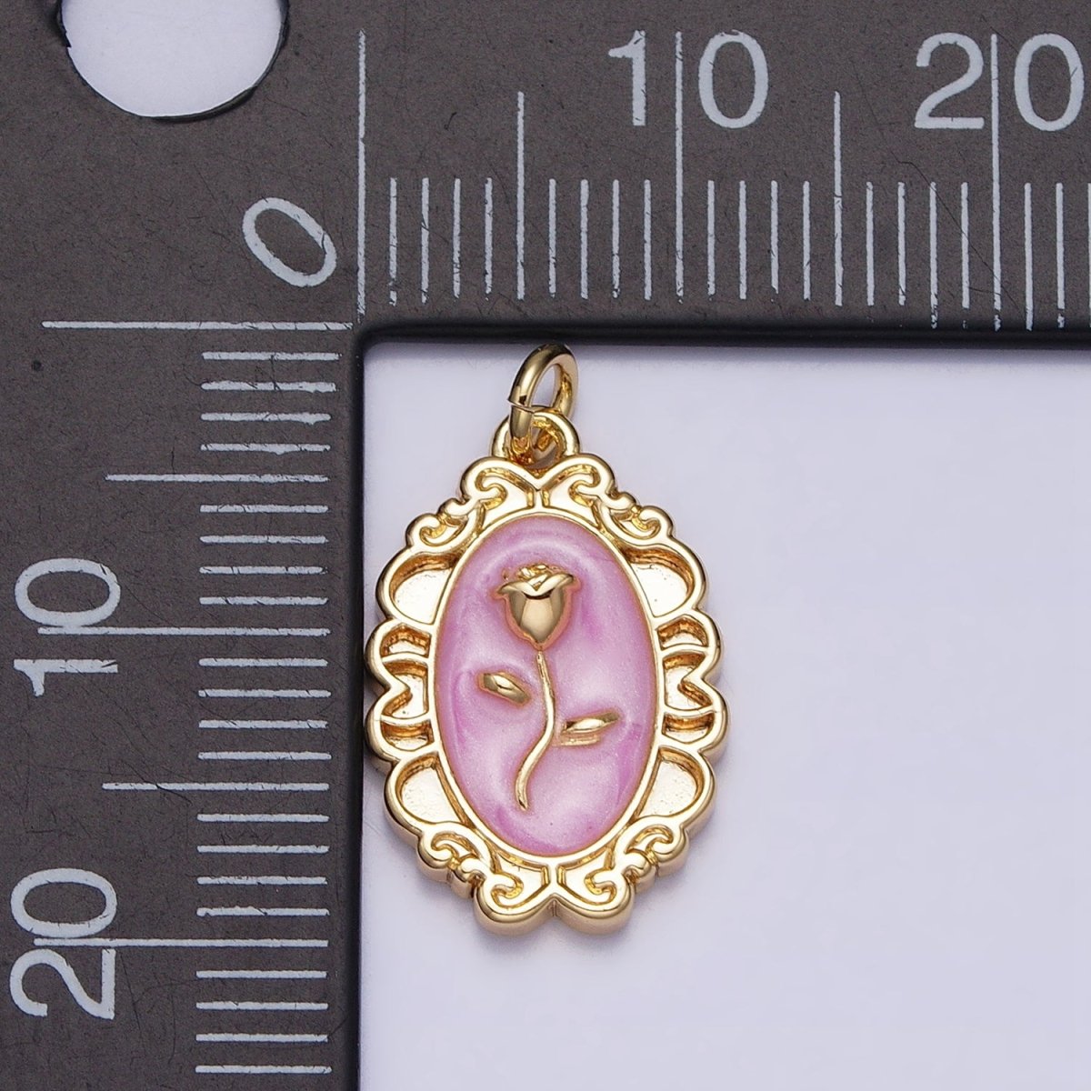 White, Blue, Pink Sparkly Enamel Rose Flower Oval Charm in Gold & Silver | AC649 - AC654 - DLUXCA