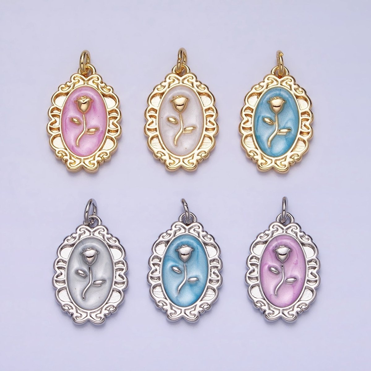 White, Blue, Pink Sparkly Enamel Rose Flower Oval Charm in Gold & Silver | AC649 - AC654 - DLUXCA