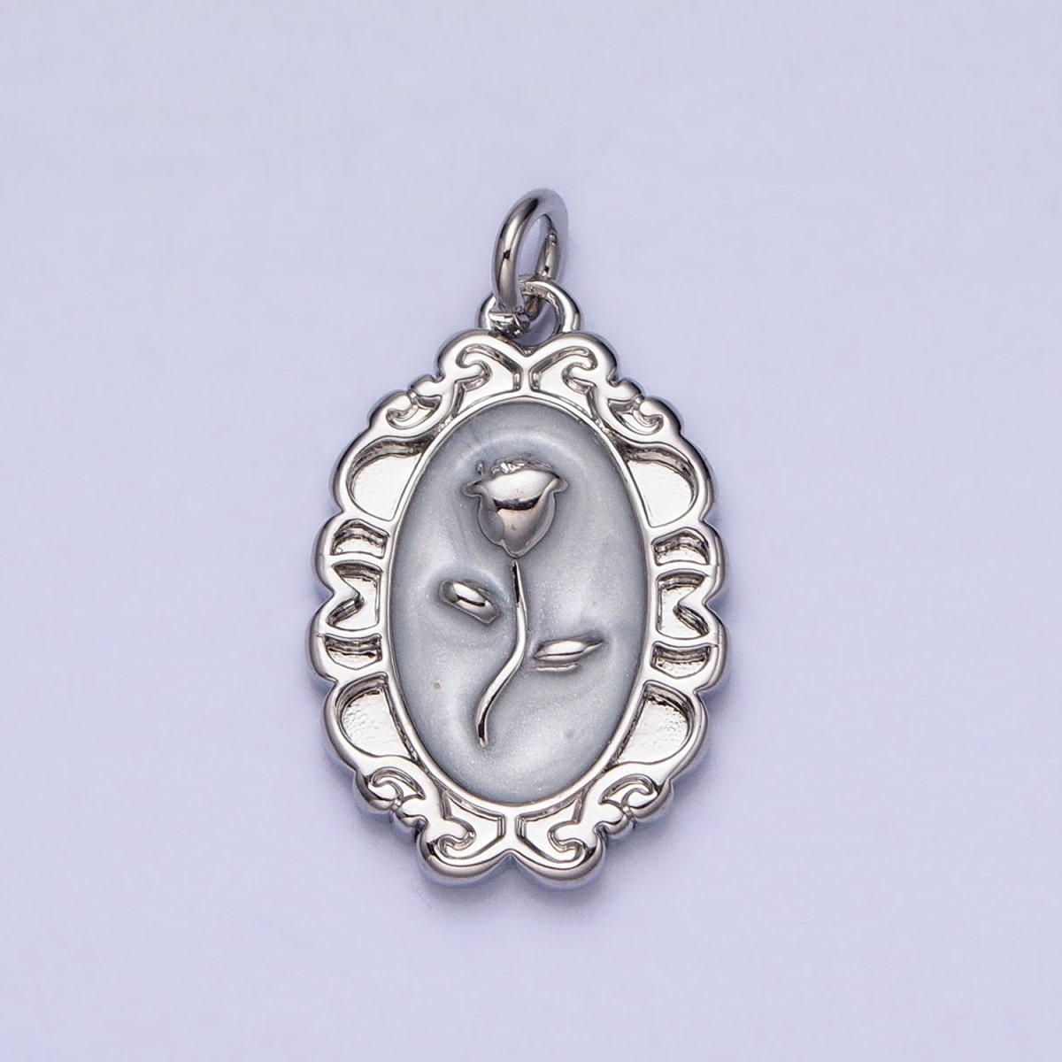 White, Blue, Pink Sparkly Enamel Rose Flower Oval Charm in Gold & Silver | AC649 - AC654 - DLUXCA