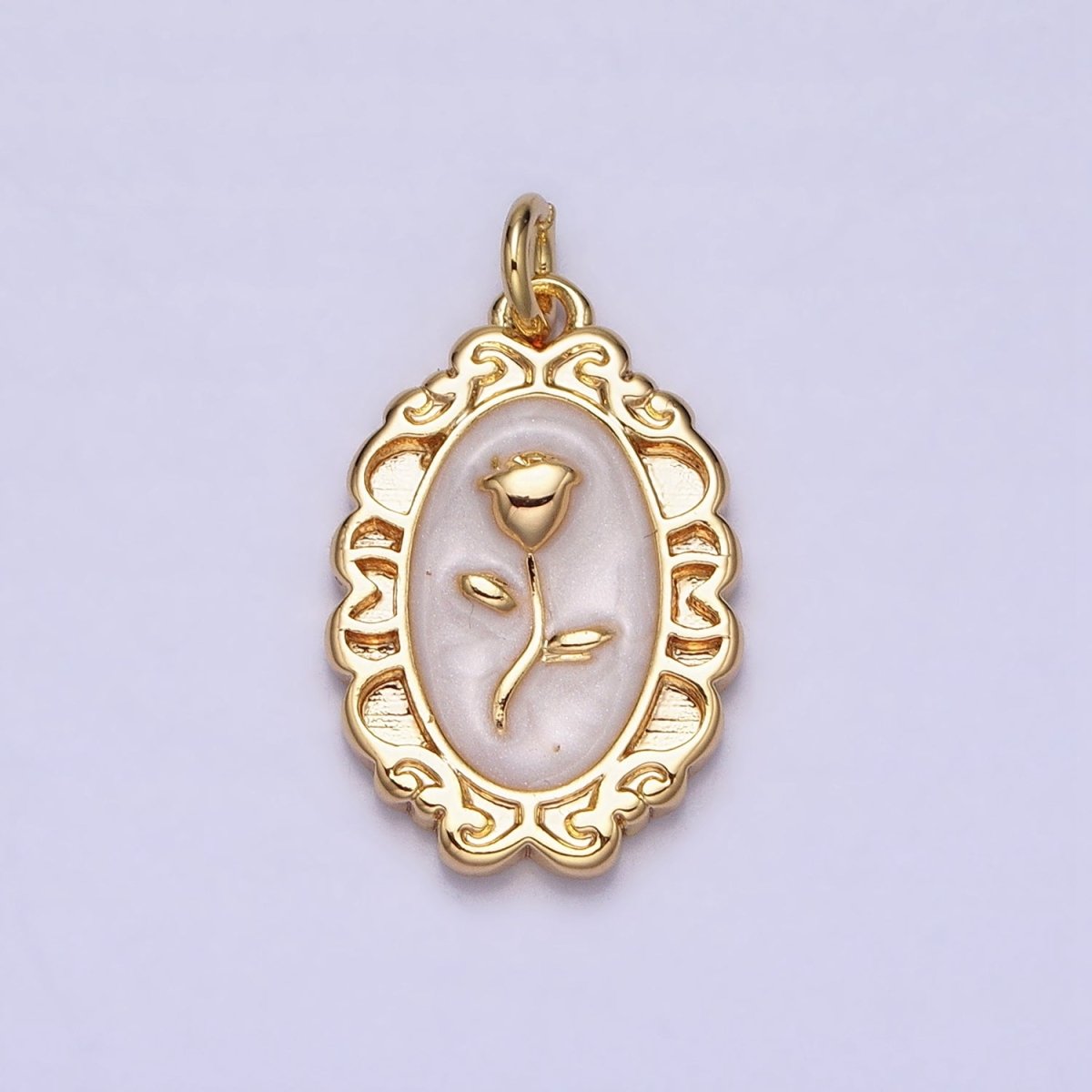 White, Blue, Pink Sparkly Enamel Rose Flower Oval Charm in Gold & Silver | AC649 - AC654 - DLUXCA