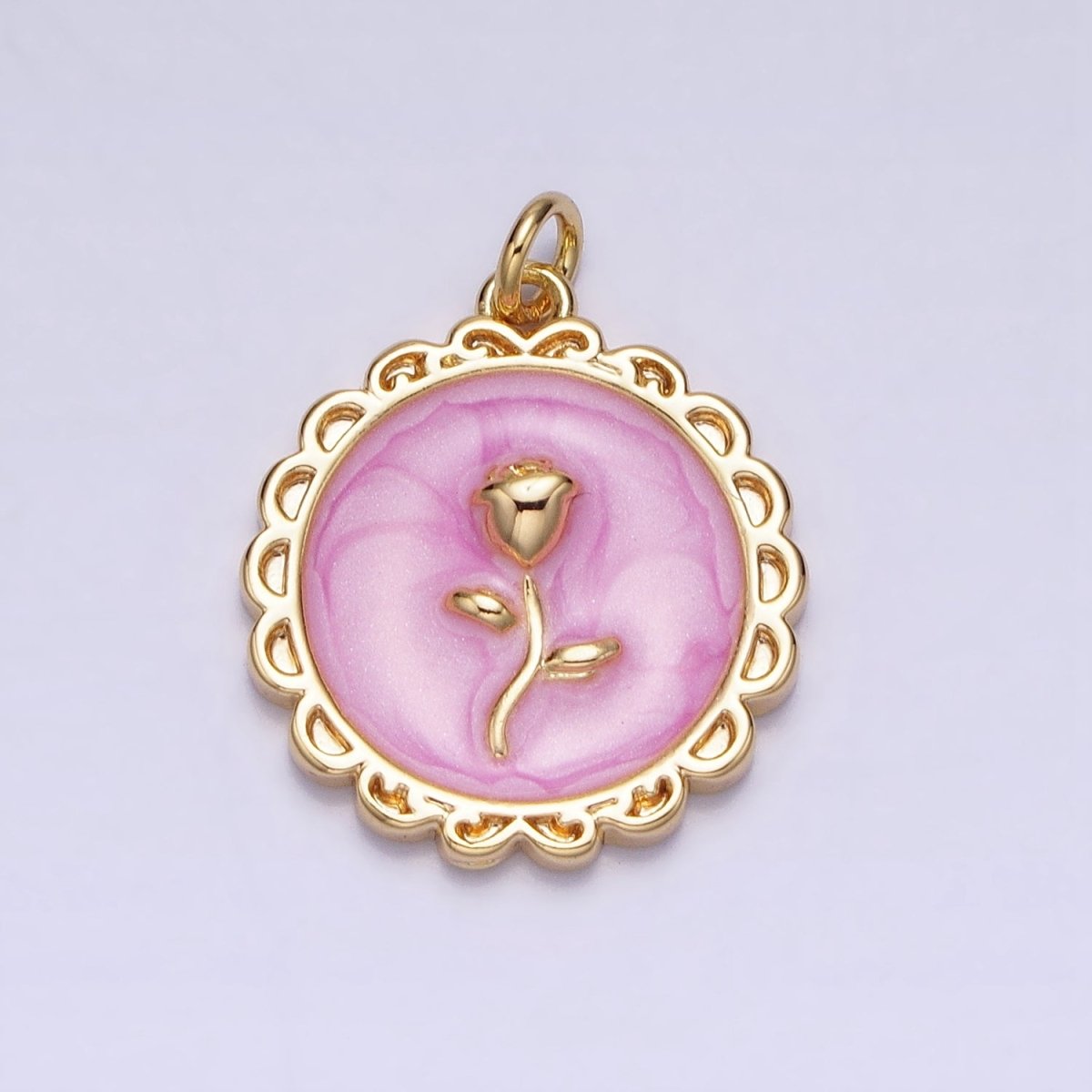 White, Blue, Pink Sparkly Enamel Rose Flower Round Charm in Gold & Silver | AC643 - AC648 - DLUXCA