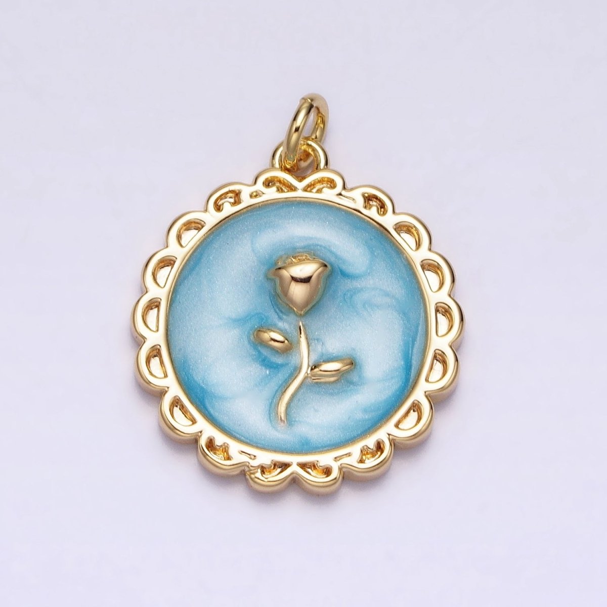 White, Blue, Pink Sparkly Enamel Rose Flower Round Charm in Gold & Silver | AC643 - AC648 - DLUXCA