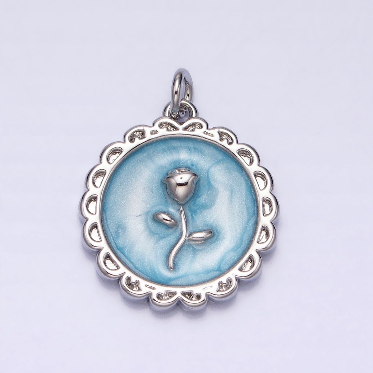 White, Blue, Pink Sparkly Enamel Rose Flower Round Charm in Gold & Silver | AC643 - AC648 - DLUXCA