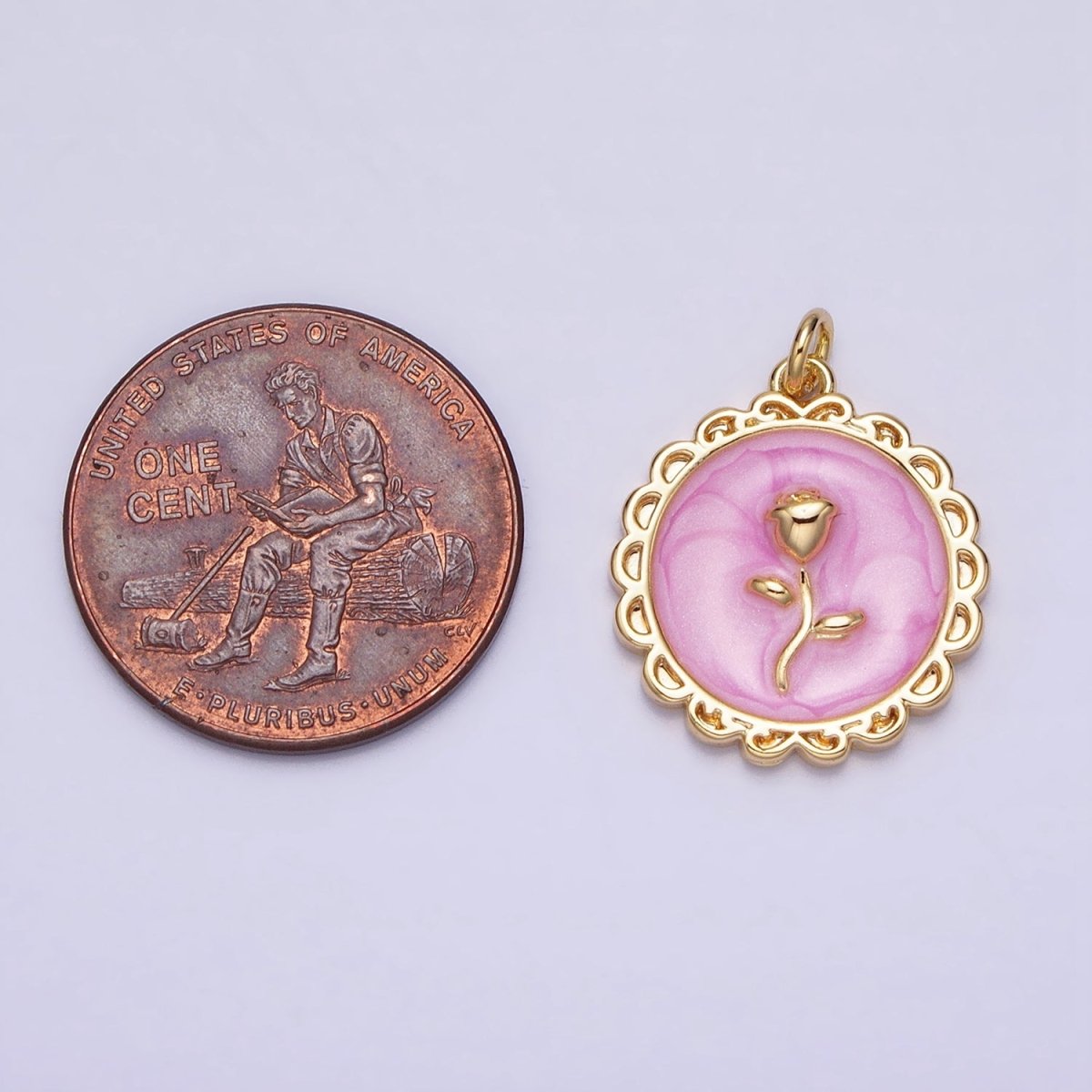 White, Blue, Pink Sparkly Enamel Rose Flower Round Charm in Gold & Silver | AC643 - AC648 - DLUXCA