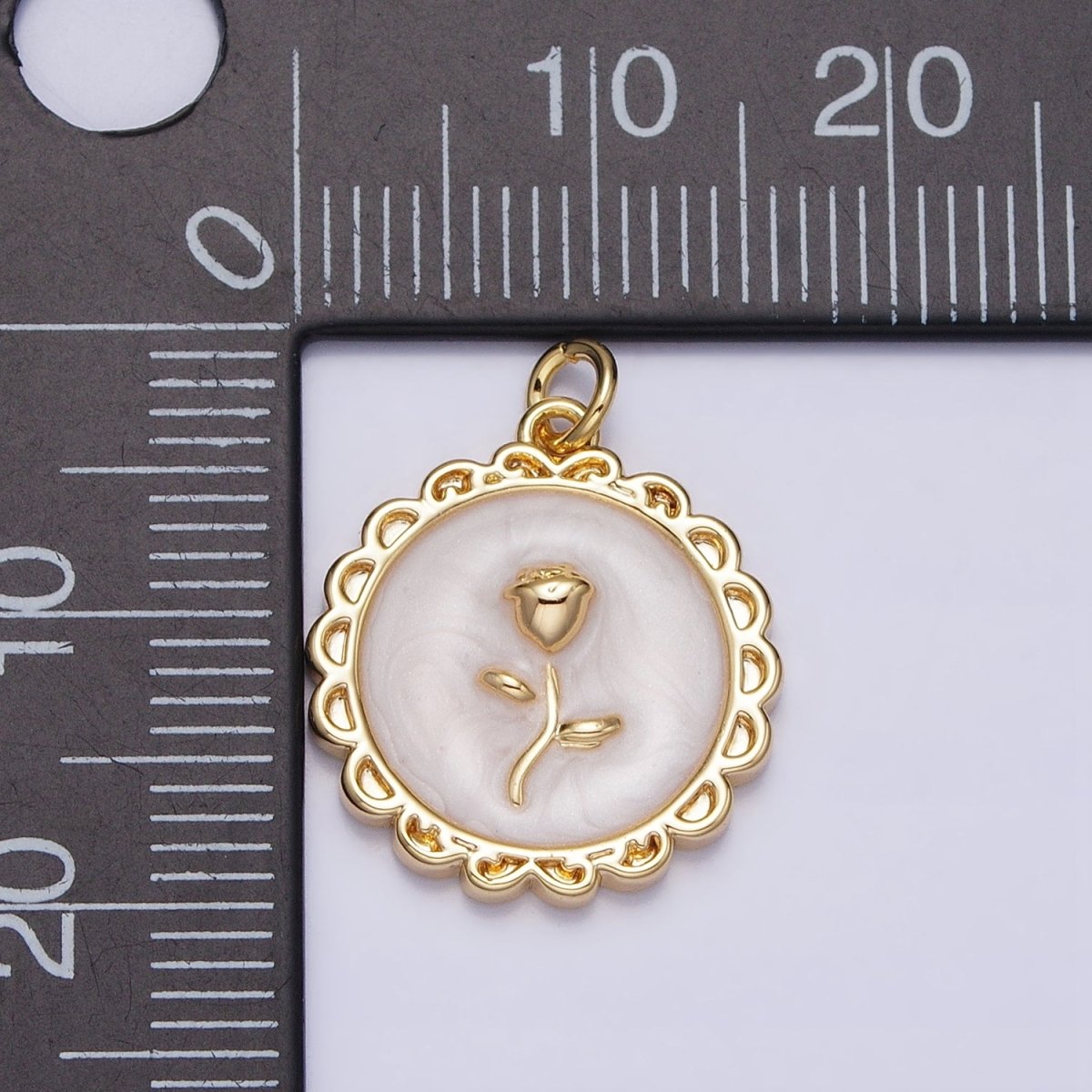 White, Blue, Pink Sparkly Enamel Rose Flower Round Charm in Gold & Silver | AC643 - AC648 - DLUXCA