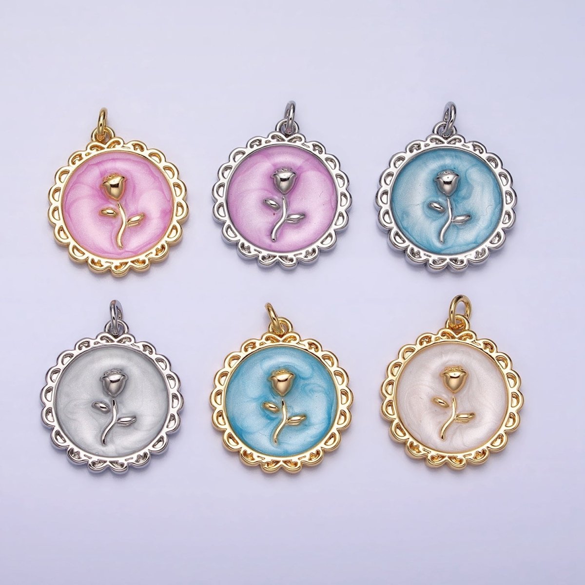 White, Blue, Pink Sparkly Enamel Rose Flower Round Charm in Gold & Silver | AC643 - AC648 - DLUXCA