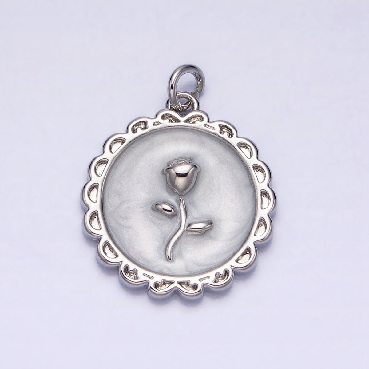 White, Blue, Pink Sparkly Enamel Rose Flower Round Charm in Gold & Silver | AC643 - AC648 - DLUXCA