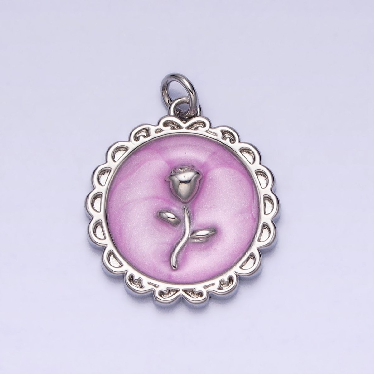 White, Blue, Pink Sparkly Enamel Rose Flower Round Charm in Gold & Silver | AC643 - AC648 - DLUXCA