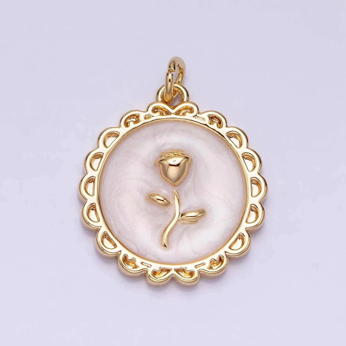 White, Blue, Pink Sparkly Enamel Rose Flower Round Charm in Gold & Silver | AC643 - AC648 - DLUXCA