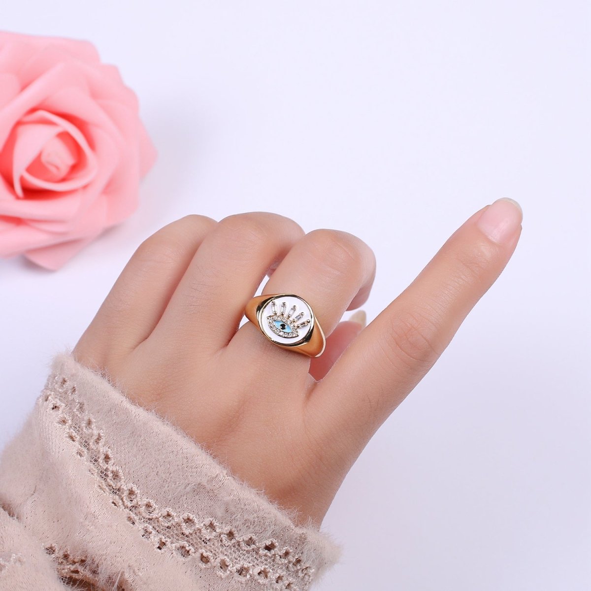 White Dome Evil Eye Ring, Protection Ring, Cubic Zirconia Eye Ring Amulet Boho Statement Jewelry U-201 ~ U-206 - DLUXCA