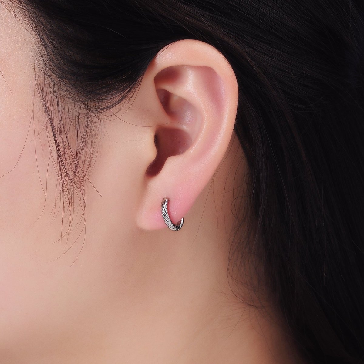 White Gold Filled 10mm Croissant Twisted Cartilage Minimalist Huggie Earrings | AB1268 - DLUXCA