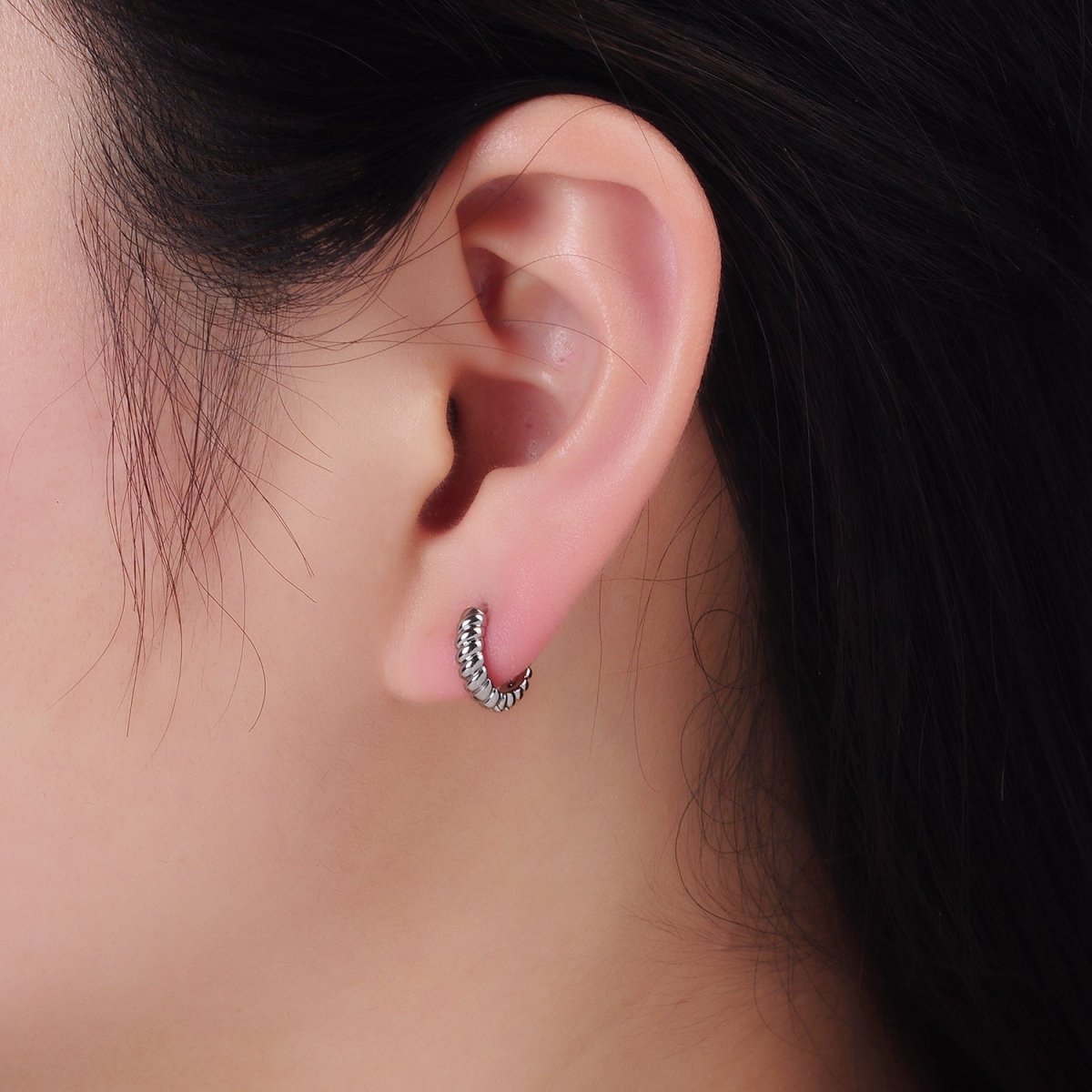 White Gold Filled 12mm Croissant Cartilage Minimalist Huggie Earrings | AB1269 - DLUXCA