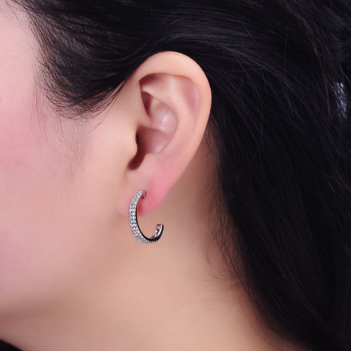 White Gold Filled 20mm Clear Micro Paved CZ C-Shaped Hoop Earrings | AD1421 - DLUXCA