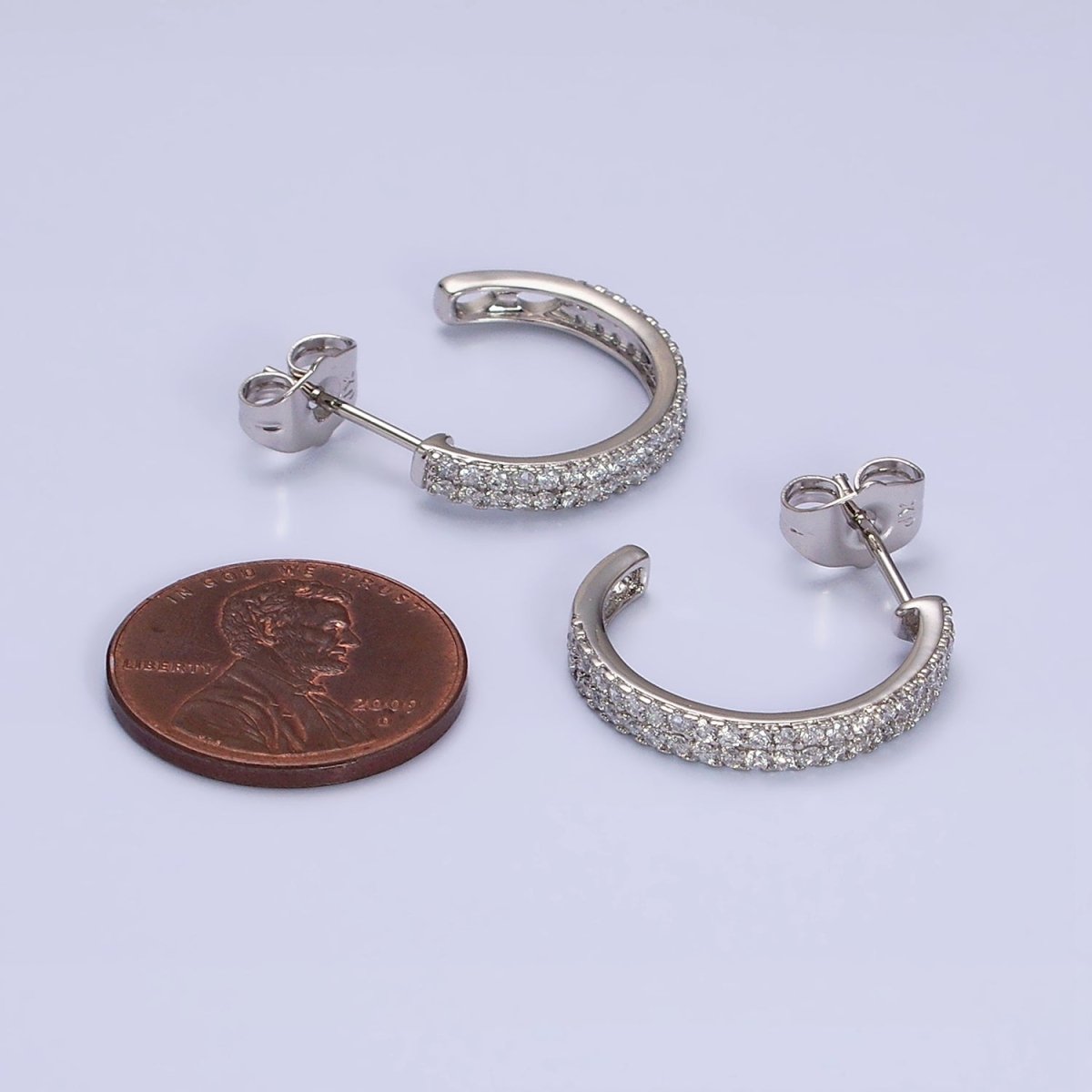 White Gold Filled 20mm Clear Micro Paved CZ C-Shaped Hoop Earrings | AD1421 - DLUXCA