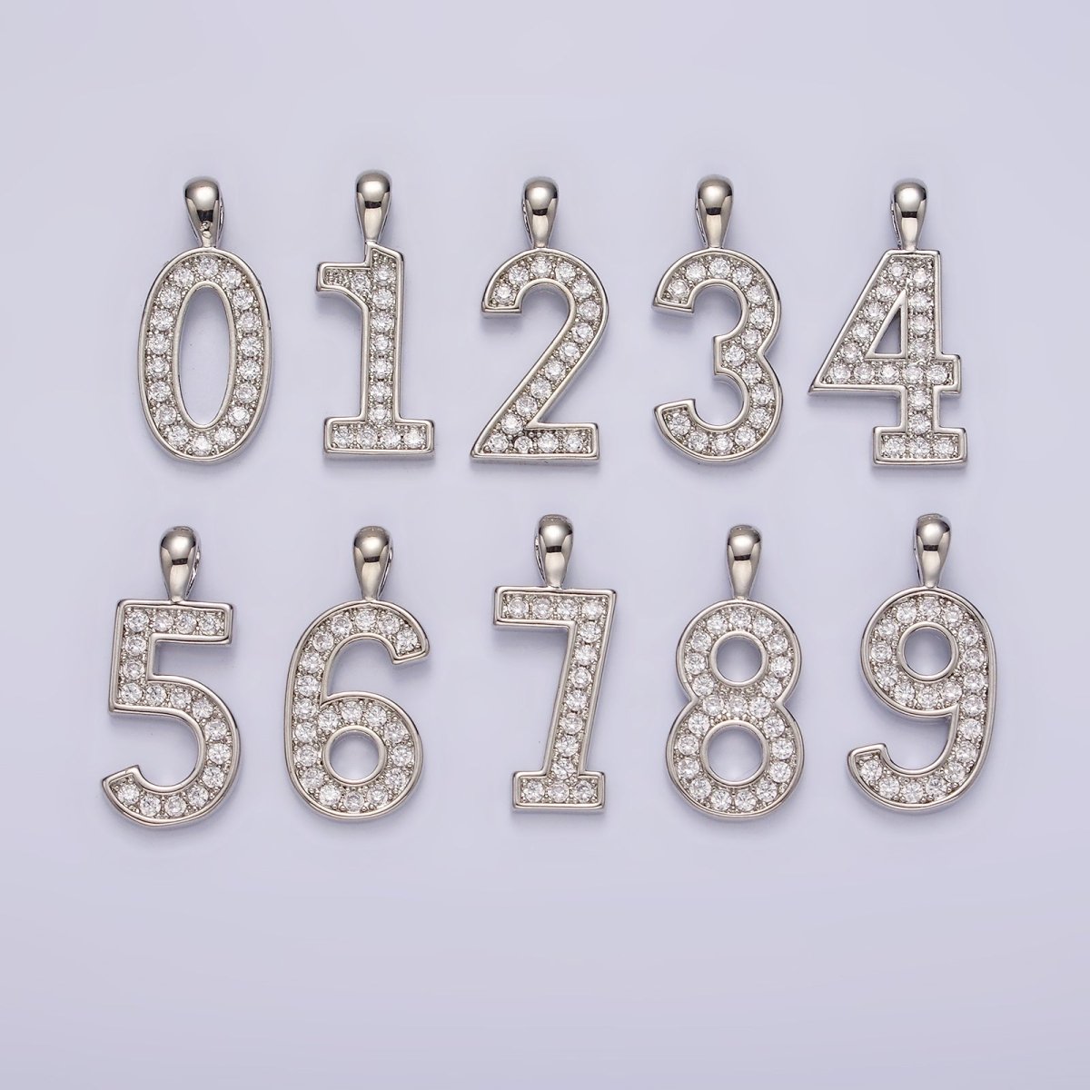 White Gold Filled 21.5mm Clear Micro Paved CZ Number 0-9 Pendant | N1246 - N1255 - DLUXCA