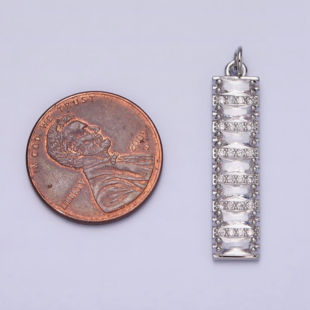 White Gold Filled 30mm Clear CZ Baguette Lined Micro Paved Band Tag Charm | AC1306 - DLUXCA