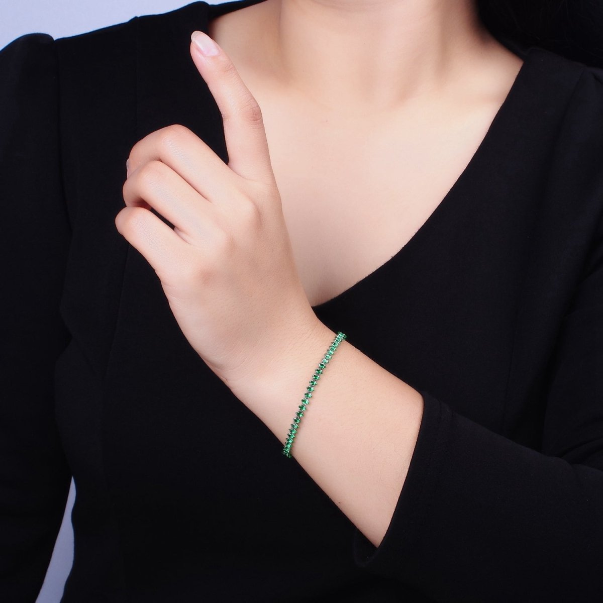 White Gold Filled 4mm Clear, Pink, Green CZ Marquise Tennis 6.5 Inch Bracelet with Extender | WA-1810 - WA-1812 Clearance Pricing - DLUXCA