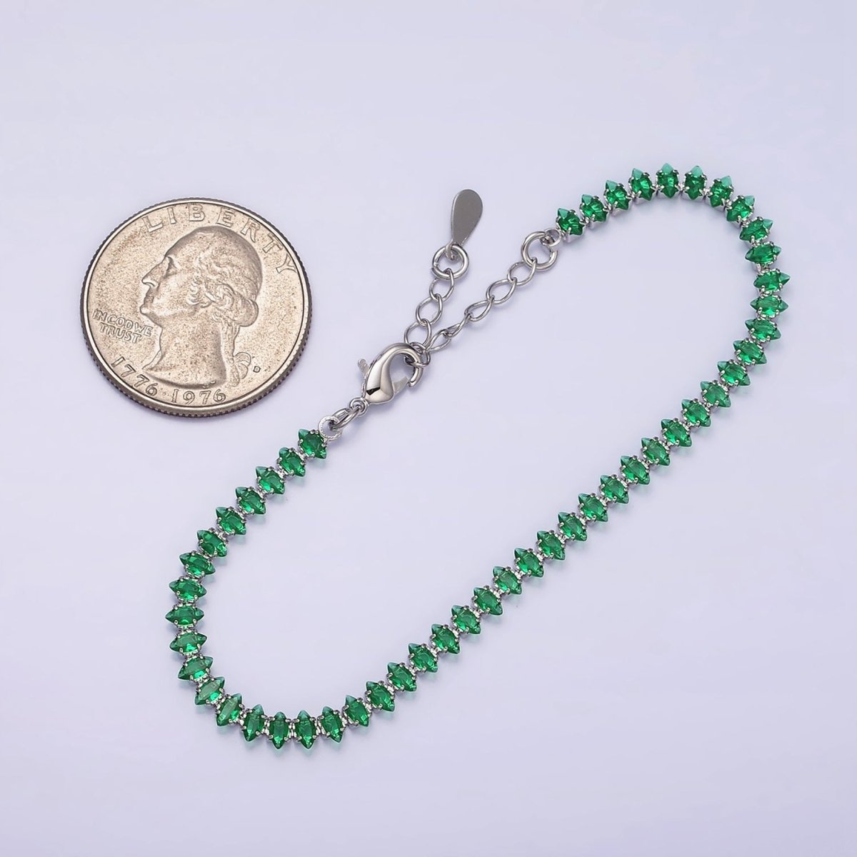 White Gold Filled 4mm Clear, Pink, Green CZ Marquise Tennis 6.5 Inch Bracelet with Extender | WA-1810 - WA-1812 Clearance Pricing - DLUXCA