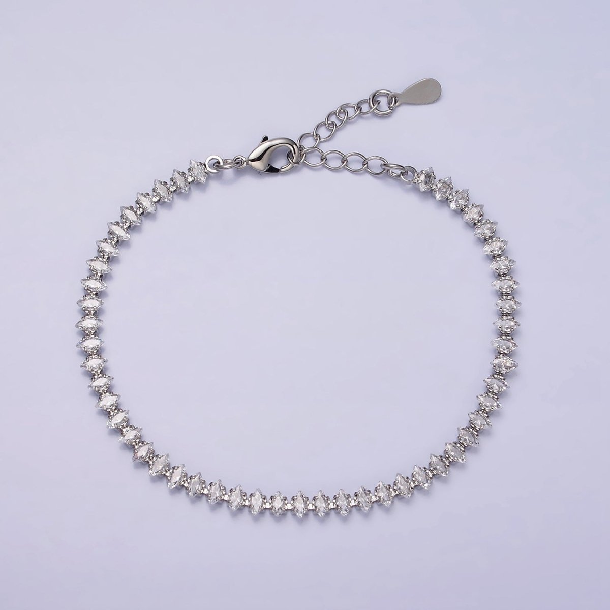 White Gold Filled 4mm Clear, Pink, Green CZ Marquise Tennis 6.5 Inch Bracelet with Extender | WA-1810 - WA-1812 Clearance Pricing - DLUXCA