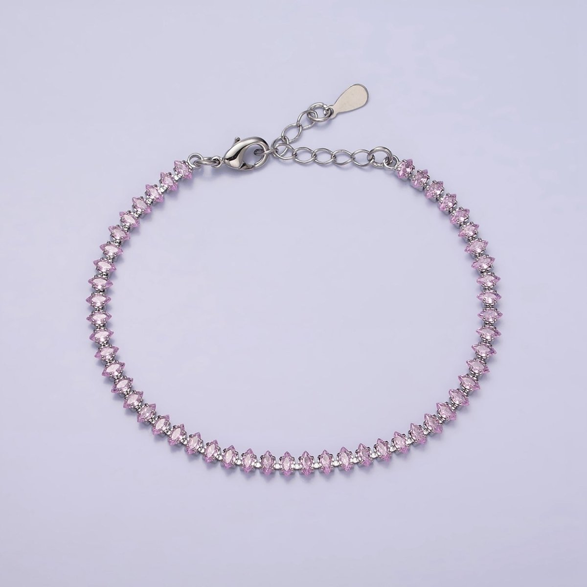 White Gold Filled 4mm Clear, Pink, Green CZ Marquise Tennis 6.5 Inch Bracelet with Extender | WA-1810 - WA-1812 Clearance Pricing - DLUXCA