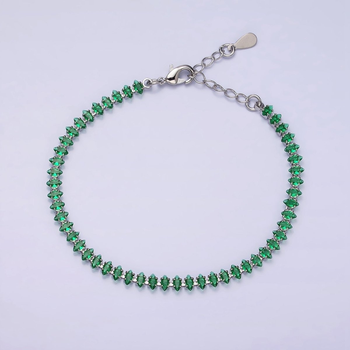 White Gold Filled 4mm Clear, Pink, Green CZ Marquise Tennis 6.5 Inch Bracelet with Extender | WA-1810 - WA-1812 Clearance Pricing - DLUXCA