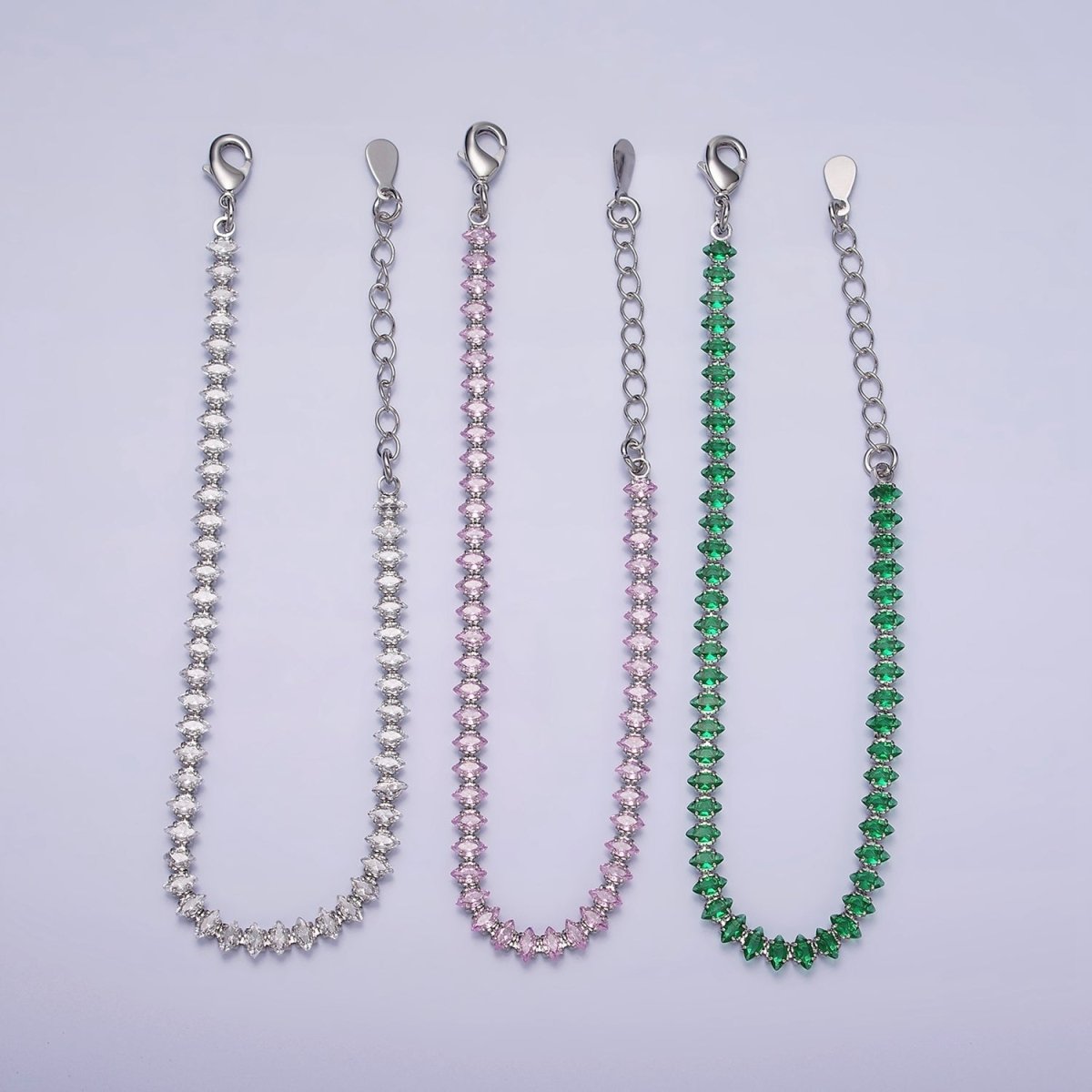 White Gold Filled 4mm Clear, Pink, Green CZ Marquise Tennis 6.5 Inch Bracelet with Extender | WA-1810 - WA-1812 Clearance Pricing - DLUXCA