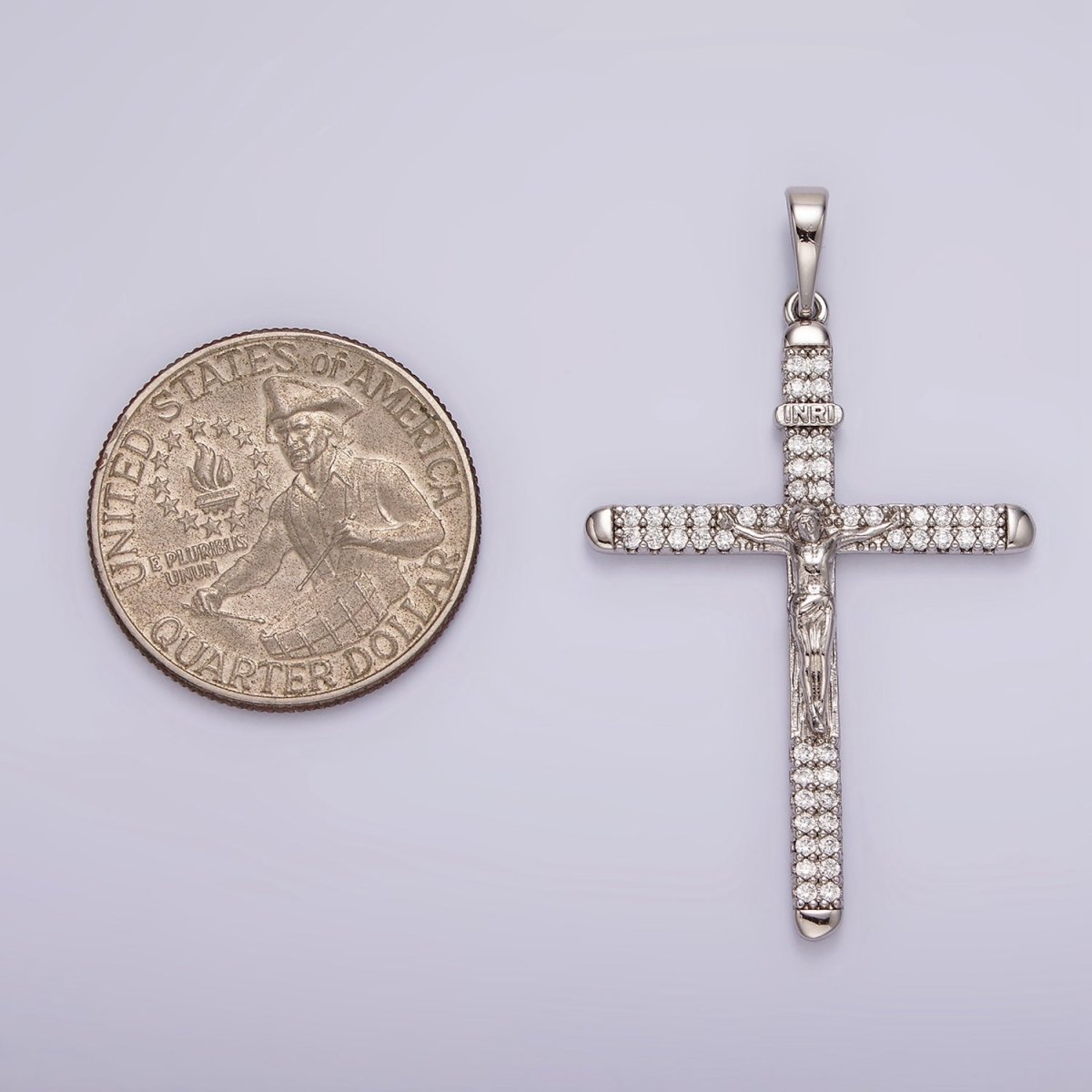 White Gold Filled 50mm Jesus Crucifix "INRI" Micro Paved CZ Cross Pendant | AA1123 - DLUXCA