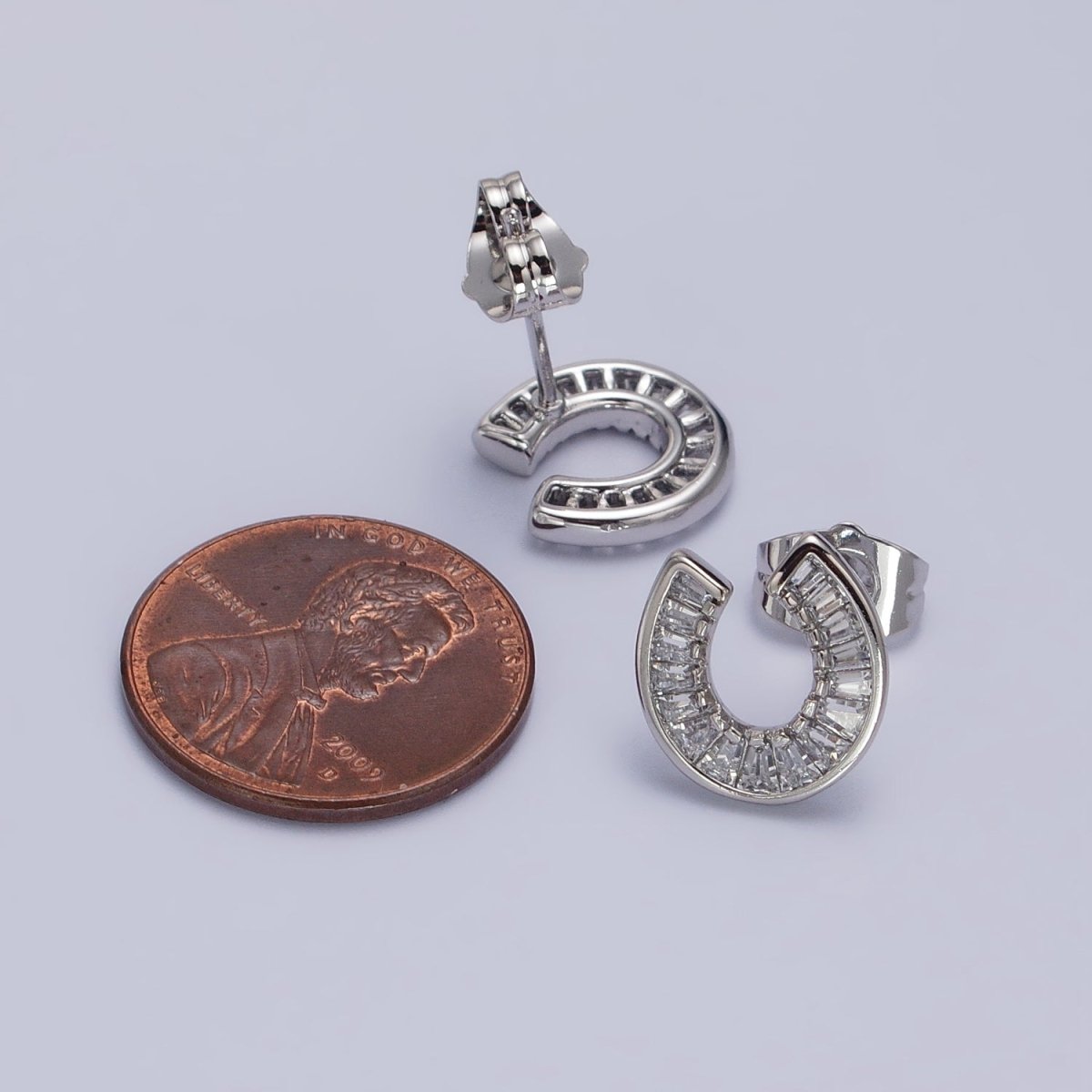 White Gold Filled Baguette Circular Lucky Horseshoe Stud Earrings | AB1041 - DLUXCA