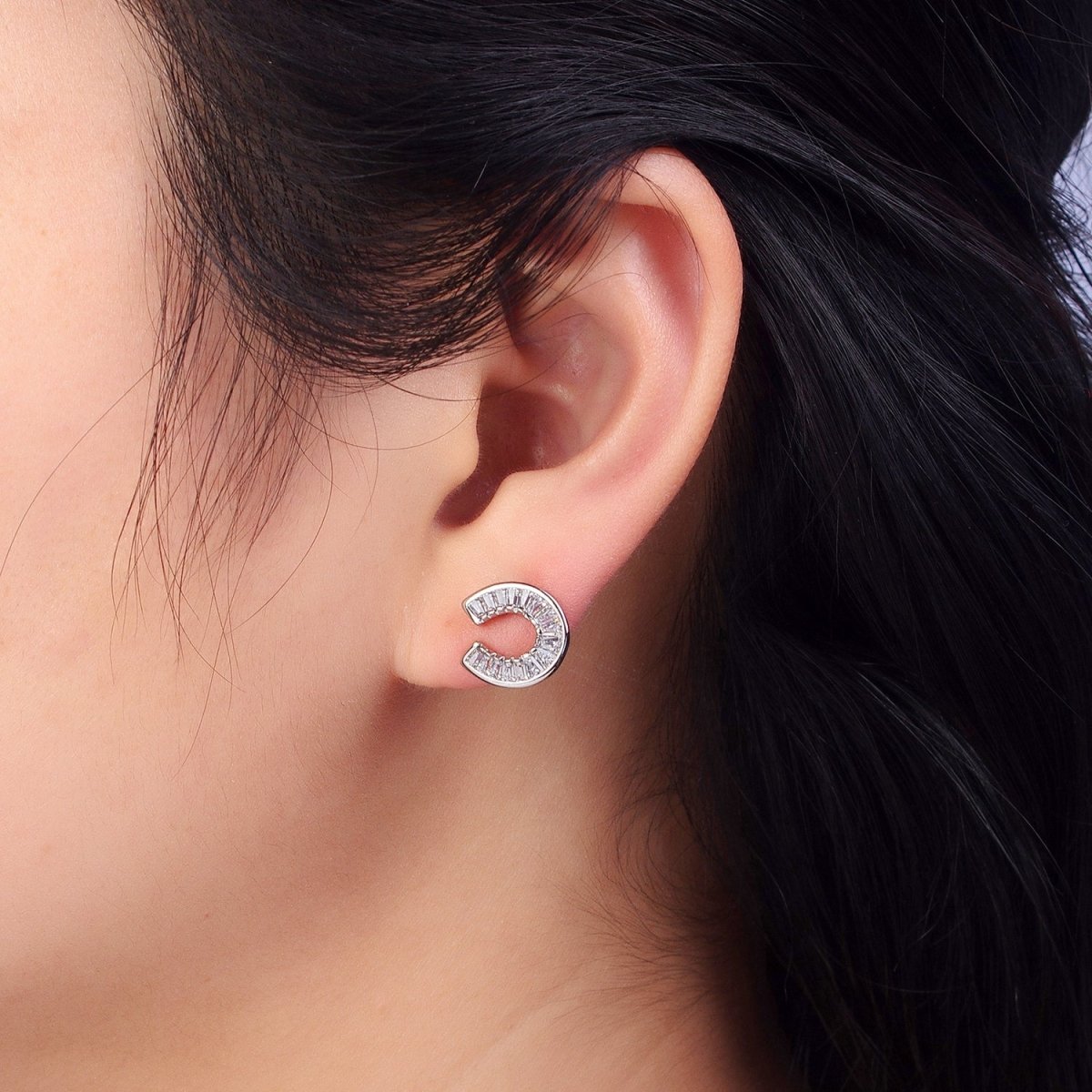 White Gold Filled Baguette Circular Lucky Horseshoe Stud Earrings | AB1041 - DLUXCA