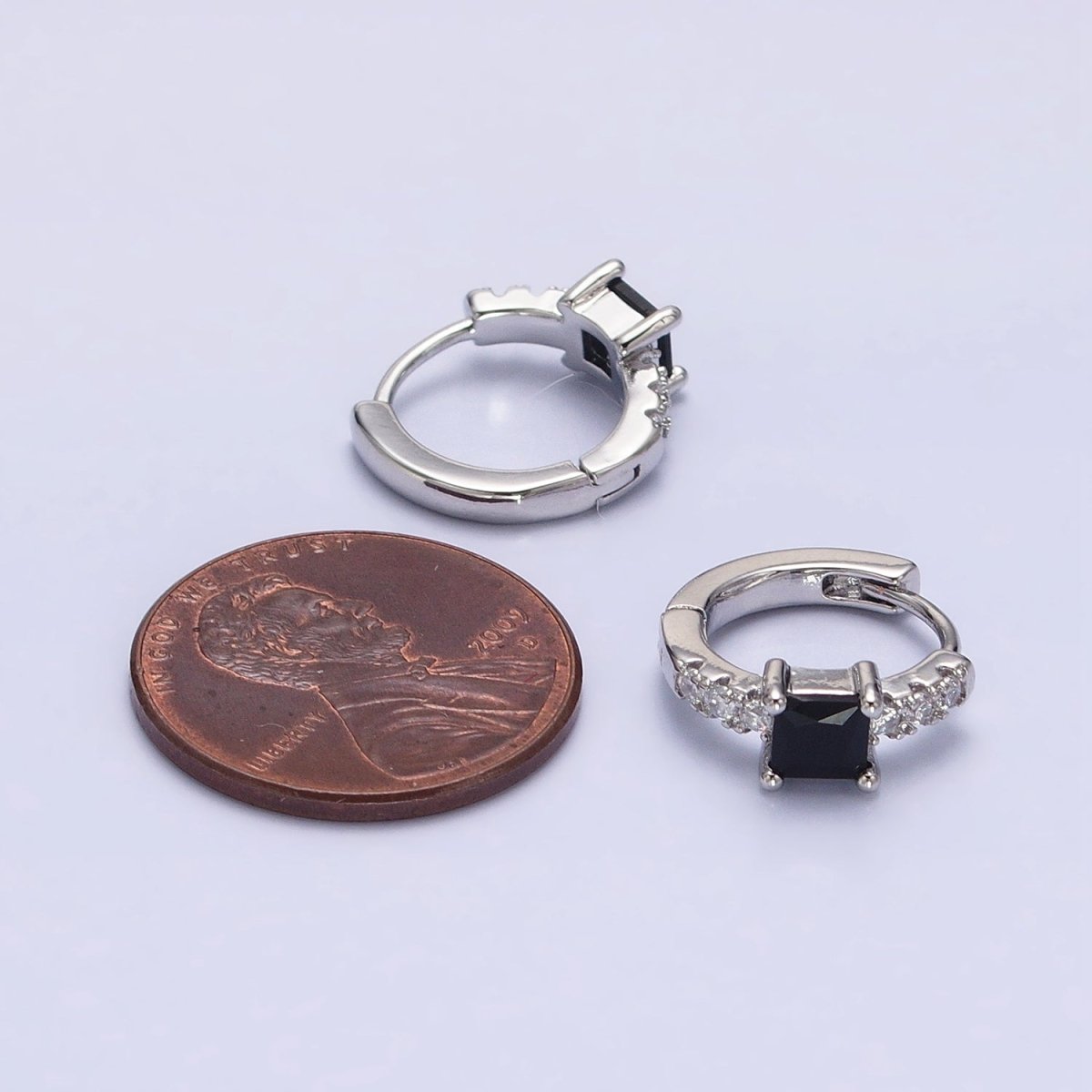 White Gold Filled Black Square CZ Clear Micro Paved Thin 12.6mm Cartilage Huggie | AB1490 - DLUXCA