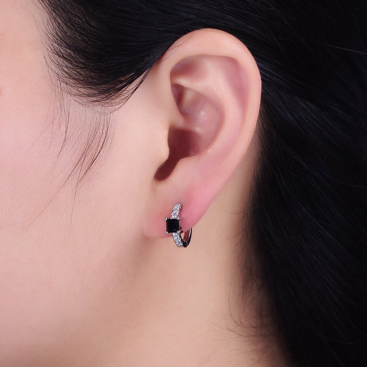 White Gold Filled Black Square CZ Clear Micro Paved Thin 12.6mm Cartilage Huggie | AB1490 - DLUXCA