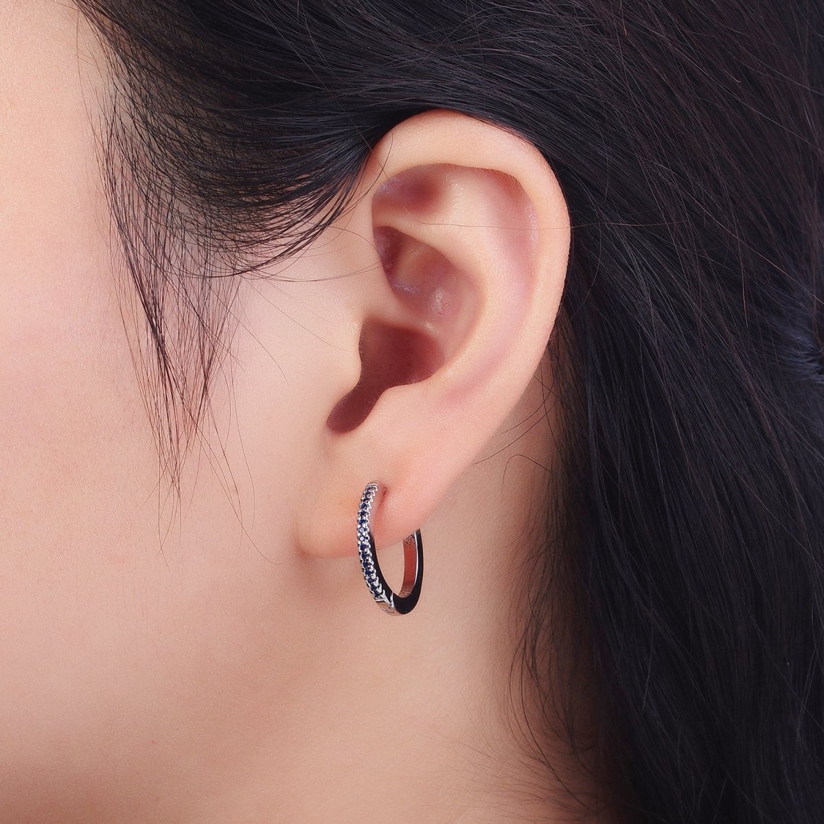 White Gold Filled Blue, Fuchsia Micro Paved CZ 17mm Silver Huggie Earrings | AB012 AB014 - DLUXCA