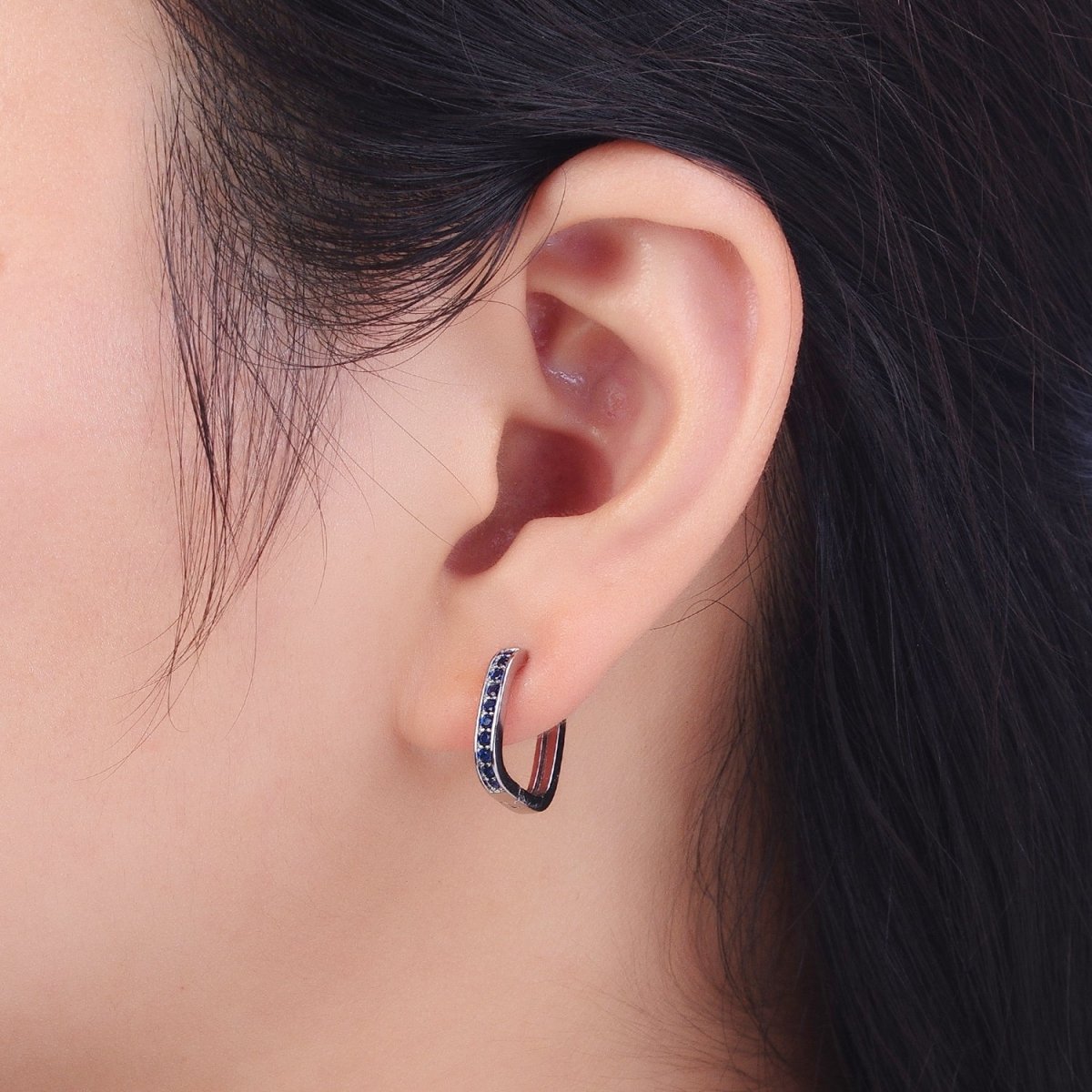 White Gold Filled Blue Micro Paved CZ Lined Silver Square Huggie Earrings P-499 - DLUXCA