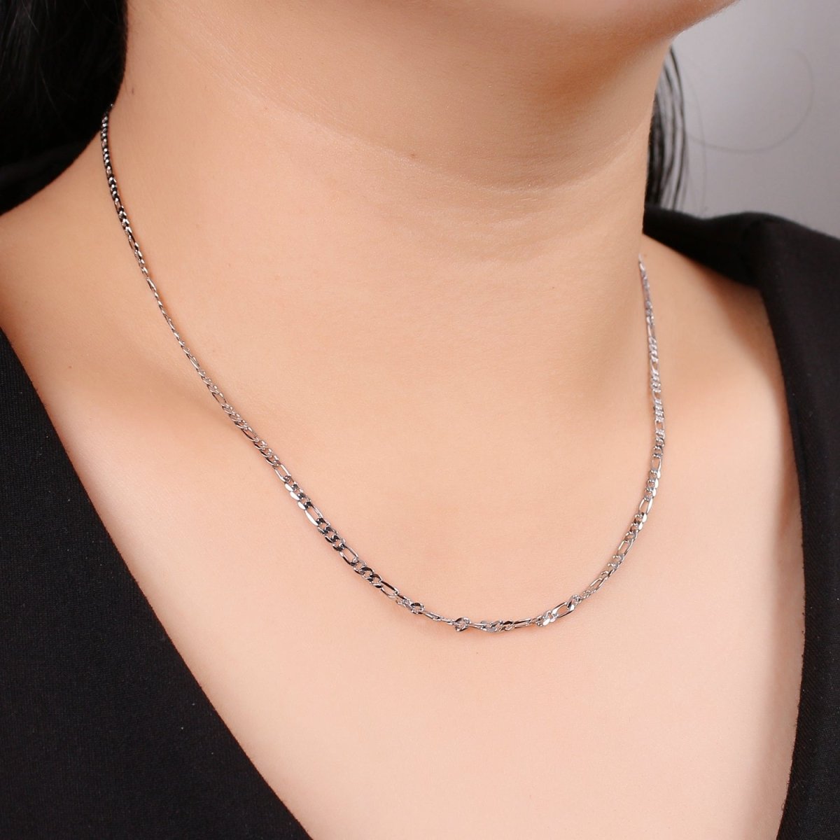 White Gold Filled Chain Necklace, 17.7", 17.8", 19.6" Figaro Chains, 3.2mm, 3.3mm, 4.5mm Figaro Necklace w/ Lobster Clasps | CN-946, CN-947, CN-948 Clearance Pricing - DLUXCA