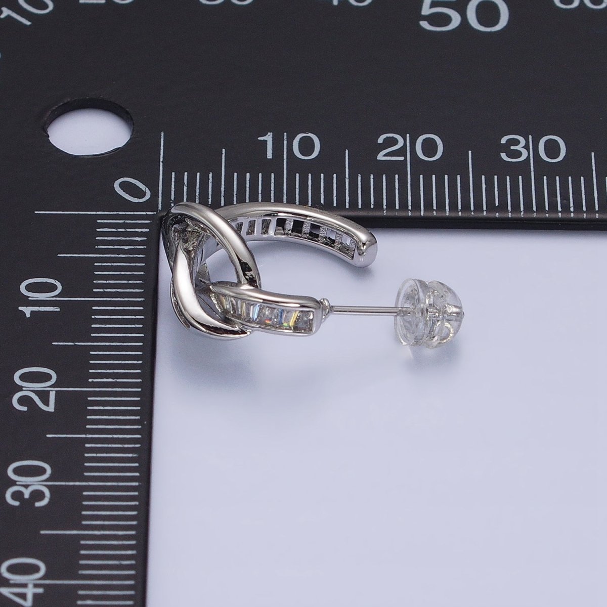 White Gold Filled Clear Baguette Bar Abstract Twirl Stud Earrings | AD1299 - DLUXCA