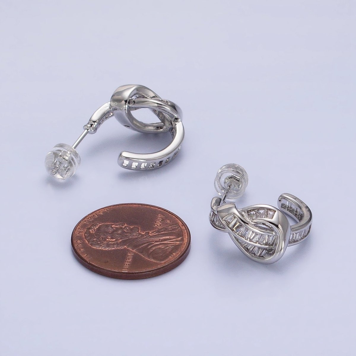 White Gold Filled Clear Baguette Bar Abstract Twirl Stud Earrings | AD1299 - DLUXCA