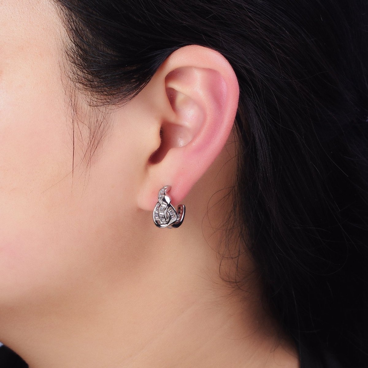 White Gold Filled Clear Baguette Bar Abstract Twirl Stud Earrings | AD1299 - DLUXCA