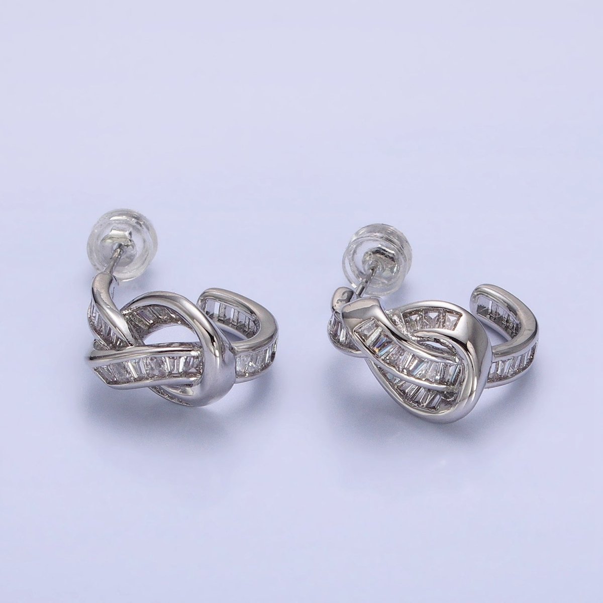 White Gold Filled Clear Baguette Bar Abstract Twirl Stud Earrings | AD1299 - DLUXCA