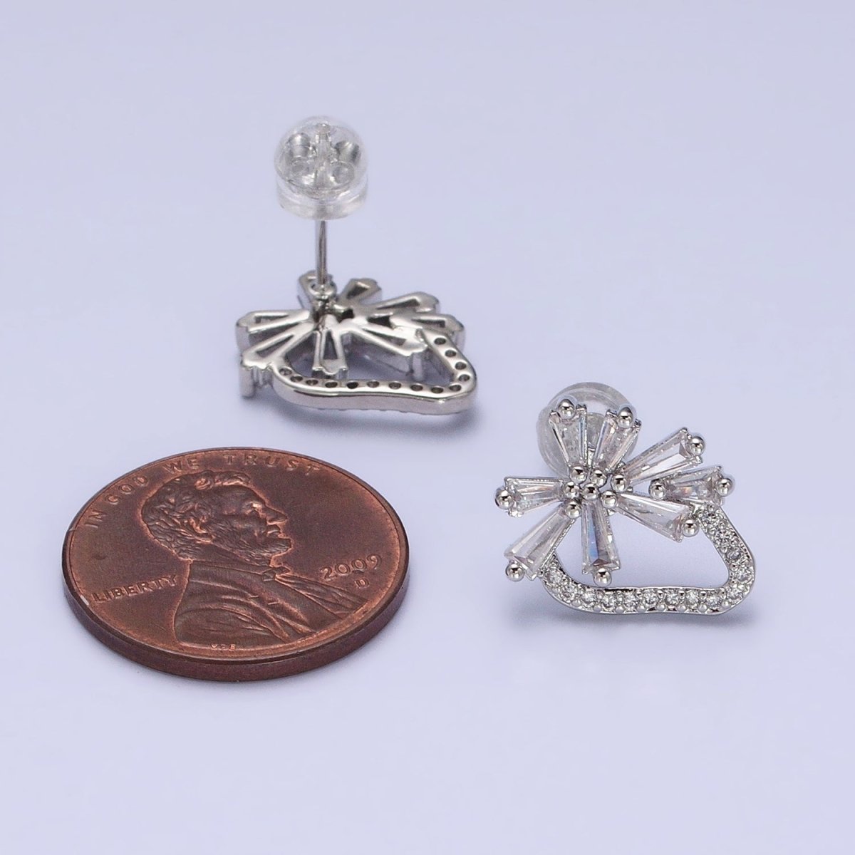 White Gold Filled Clear Baguette Flower Geometric Micro Paved CZ Stud Earrings | AD821 - DLUXCA