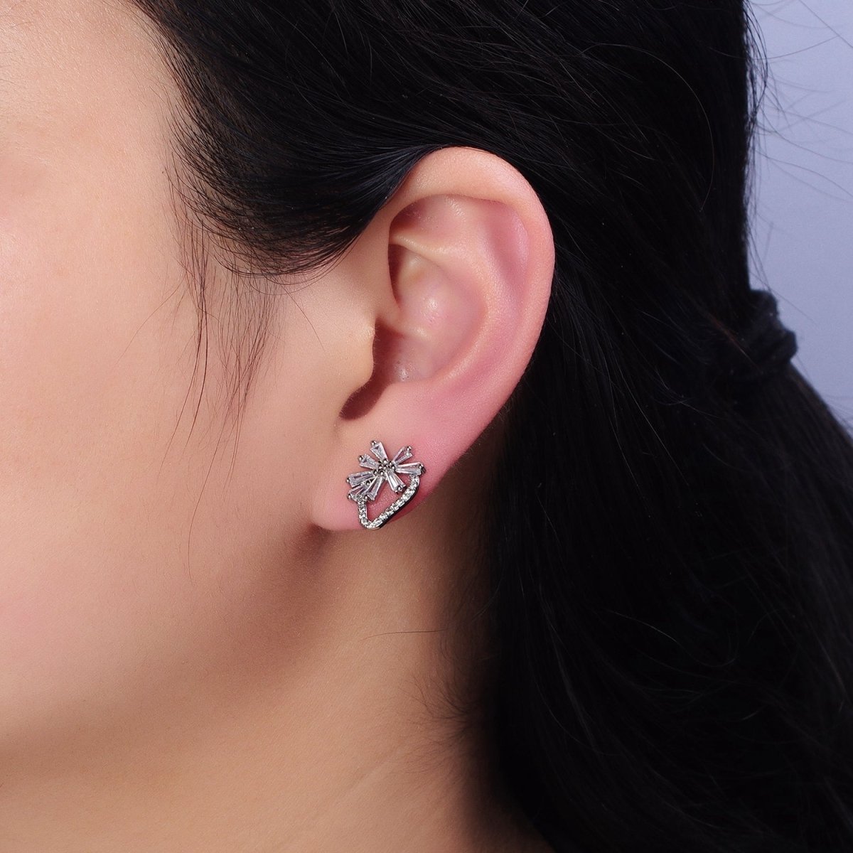 White Gold Filled Clear Baguette Flower Geometric Micro Paved CZ Stud Earrings | AD821 - DLUXCA