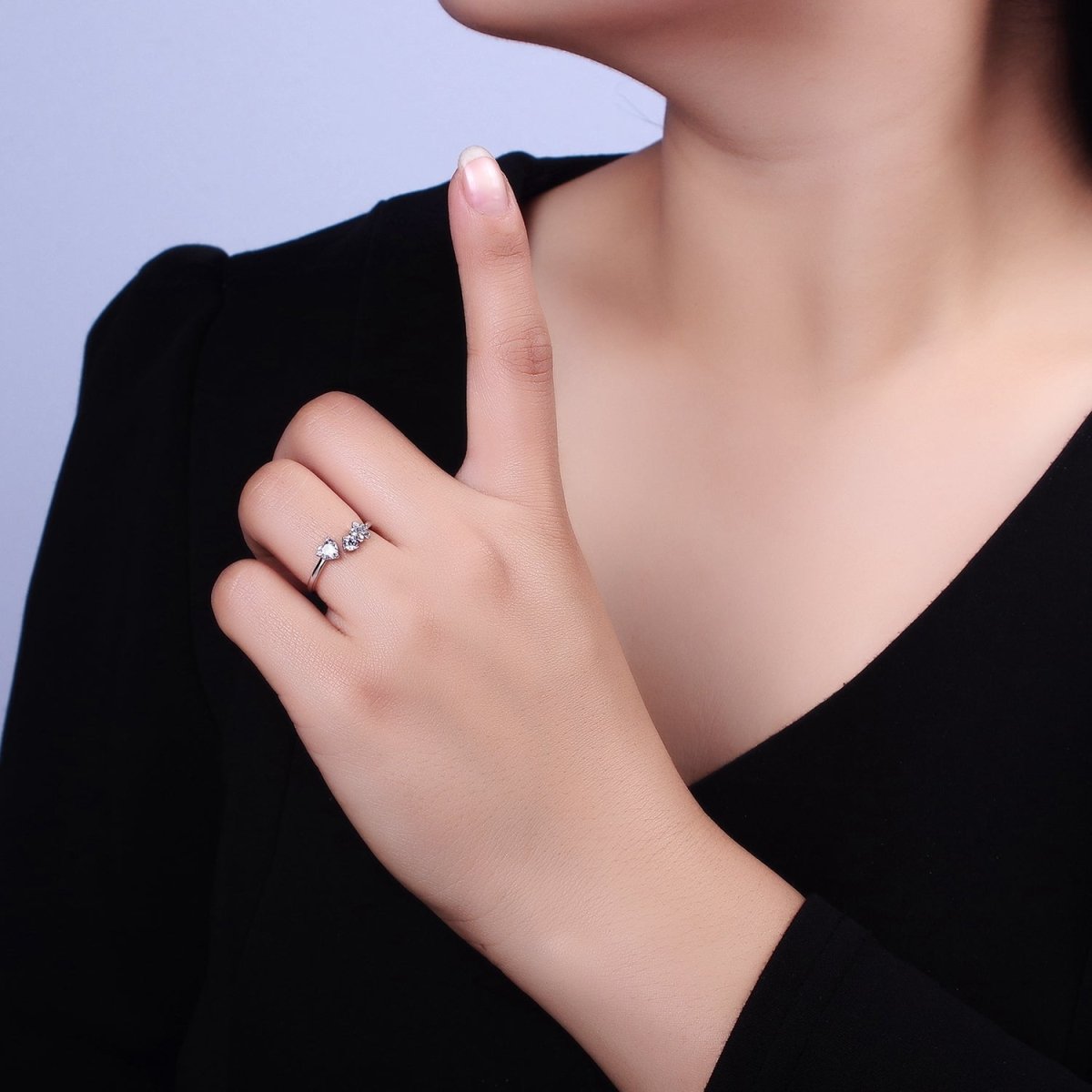 White Gold Filled Clear CZ Heart Flower Open Adjustable Ring | O-012 - DLUXCA