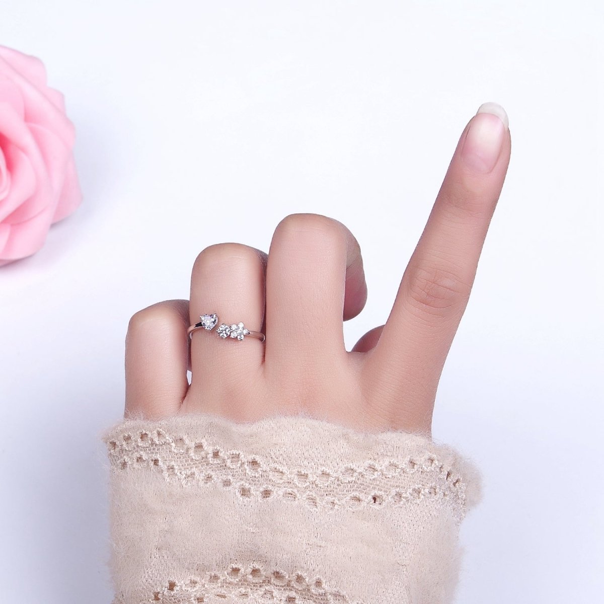 White Gold Filled Clear CZ Heart Flower Open Adjustable Ring | O-012 - DLUXCA