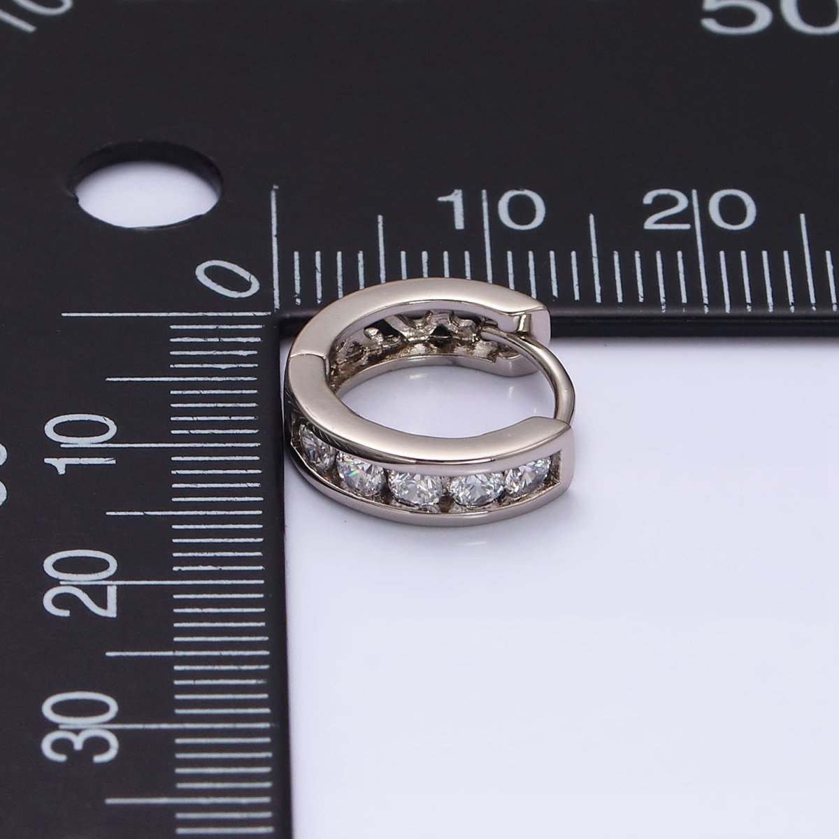 White Gold Filled Clear CZ Lined 14.5mm Huggie Hoop Earrings | AD1314 - DLUXCA