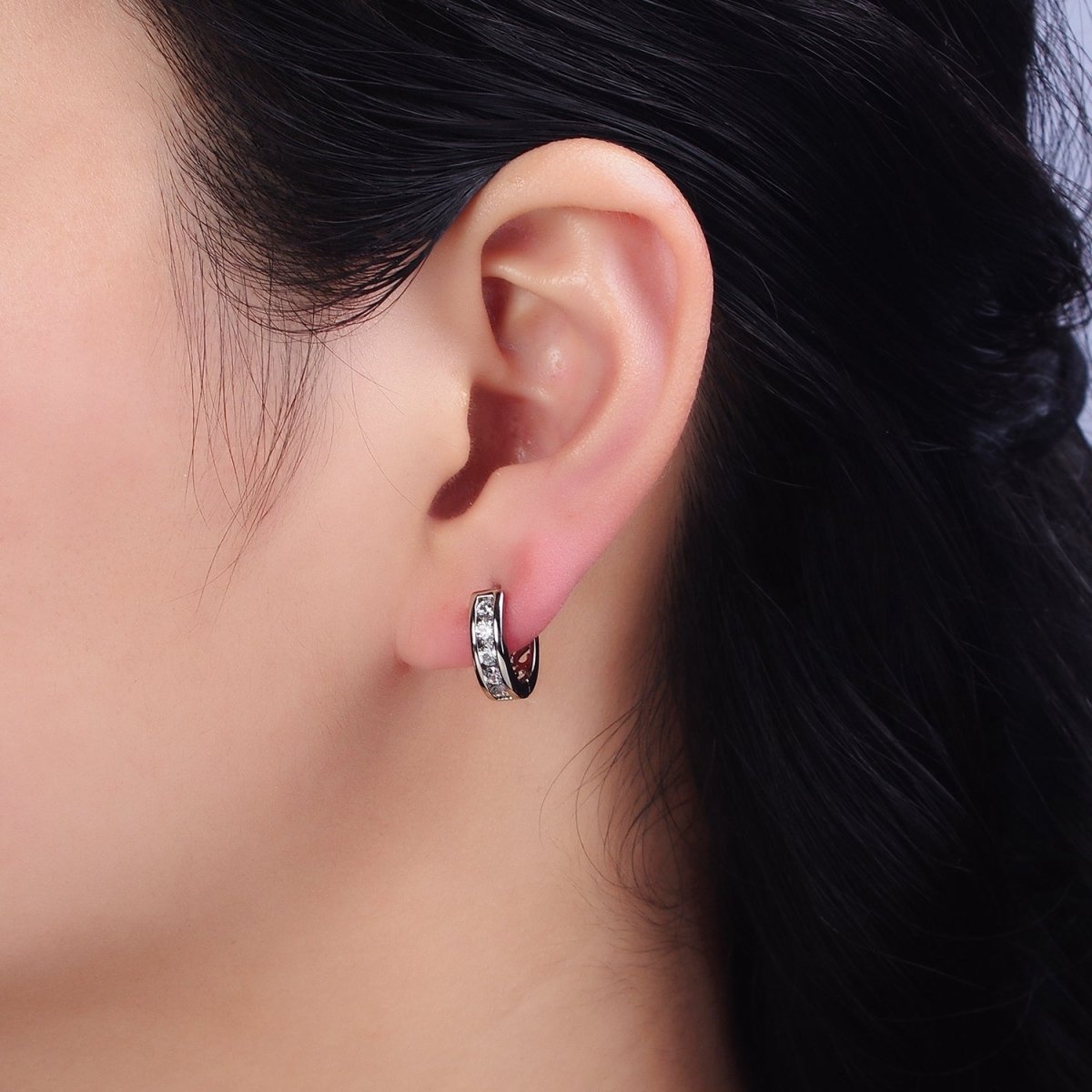 White Gold Filled Clear CZ Lined 14.5mm Huggie Hoop Earrings | AD1314 - DLUXCA